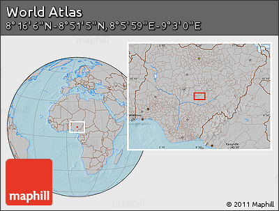 Gray Location Map of the Area around 8° 33' 36" N, 8° 34' 29" E, hill shading