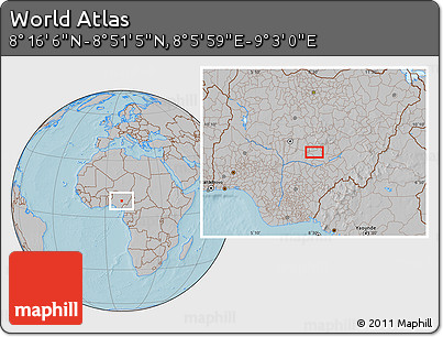 Gray Location Map of the Area around 8° 33' 36" N, 8° 34' 29" E, hill shading
