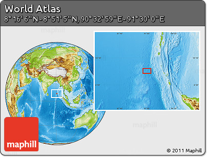 Physical Location Map of the Area around 8° 33' 36" N, 91° 1' 30" E