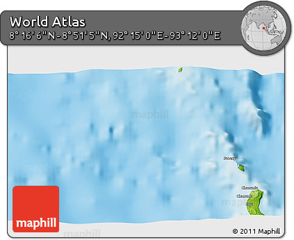 Physical 3D Map of the Area around 8° 33' 36" N, 92° 43' 29" E