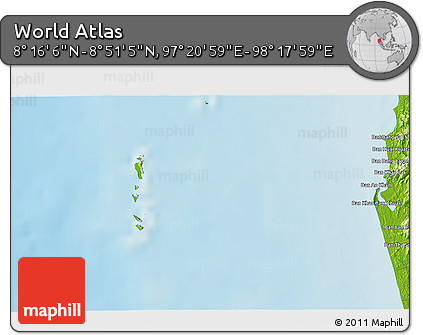 Physical 3D Map of the Area around 8° 33' 36" N, 97° 49' 29" E