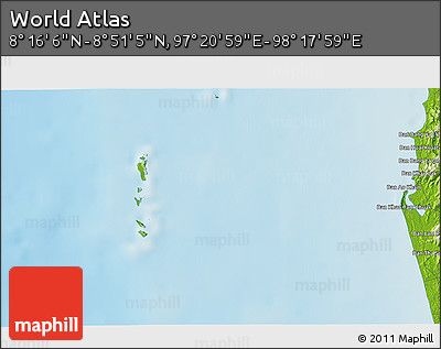 Physical 3D Map of the Area around 8° 33' 36" N, 97° 49' 29" E