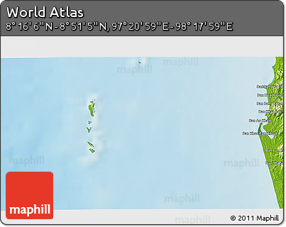 Physical 3D Map of the Area around 8° 33' 36" N, 97° 49' 29" E