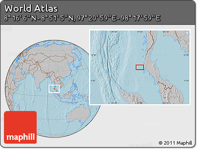 Gray Location Map of the Area around 8° 33' 36" N, 97° 49' 29" E, hill shading