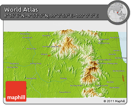 Physical 3D Map of the Area around 8° 33' 36" N, 99° 31' 30" E