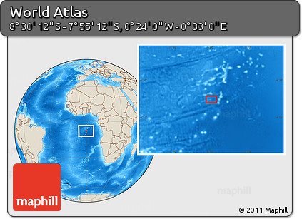 Shaded Relief Location Map of the Area around 8° 12' 42" S, 0° 4' 30" E