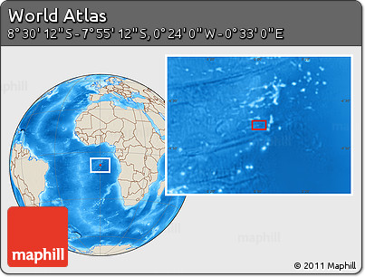 Shaded Relief Location Map of the Area around 8° 12' 42" S, 0° 4' 30" E