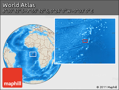 Shaded Relief Location Map of the Area around 8° 12' 42" S, 0° 4' 30" E