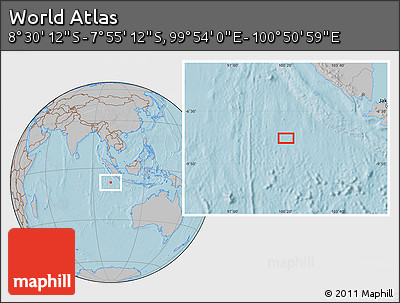 Gray Location Map of the Area around 8° 12' 42" S, 100° 22' 30" E, hill shading