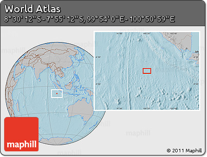 Gray Location Map of the Area around 8° 12' 42" S, 100° 22' 30" E, hill shading