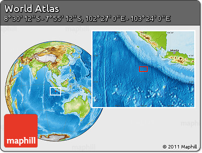 Physical Location Map of the Area around 8° 12' 42" S, 102° 55' 30" E