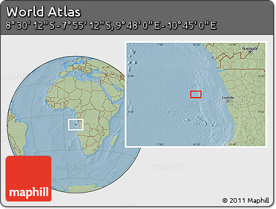 Savanna Style Location Map of the Area around 8° 12' 42" S, 10° 16' 30" E, hill shading