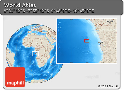 Shaded Relief Location Map of the Area around 8° 12' 42" S, 10° 16' 30" E