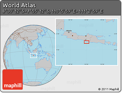 Gray Location Map of the Area around 8° 12' 42" S, 110° 34' 29" E