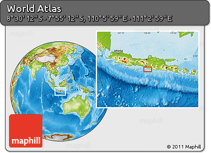 Physical Location Map of the Area around 8° 12' 42" S, 110° 34' 29" E