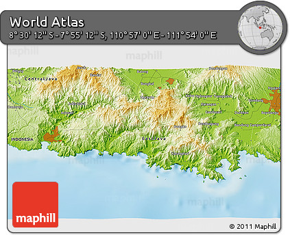 Physical 3D Map of the Area around 8° 12' 42" S, 111° 25' 30" E