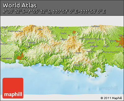 Physical 3D Map of the Area around 8° 12' 42" S, 111° 25' 30" E