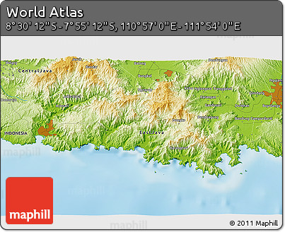 Physical 3D Map of the Area around 8° 12' 42" S, 111° 25' 30" E