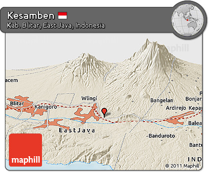 Shaded Relief Panoramic Map of Kesamben