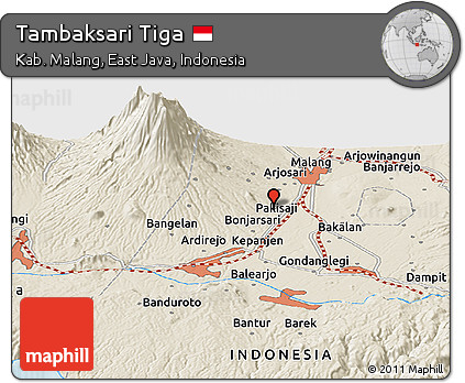 Shaded Relief Panoramic Map of Tambaksari Tiga