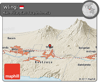 Shaded Relief Panoramic Map of Wlingi