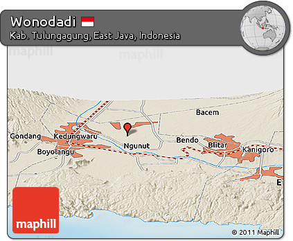 Shaded Relief Panoramic Map of Wonodadi