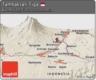 Shaded Relief Panoramic Map of Tambaksari Tiga