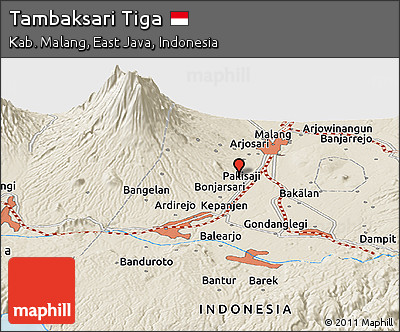 Shaded Relief Panoramic Map of Tambaksari Tiga