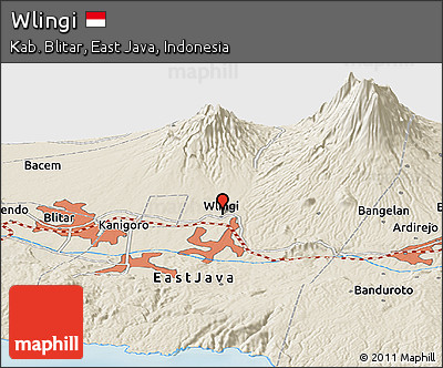 Shaded Relief Panoramic Map of Wlingi