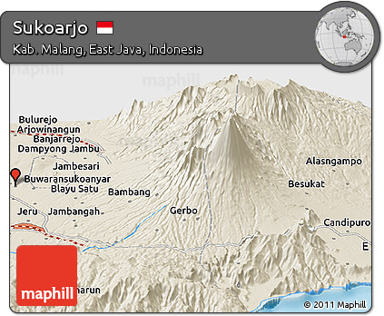 Shaded Relief Panoramic Map of Sukoarjo