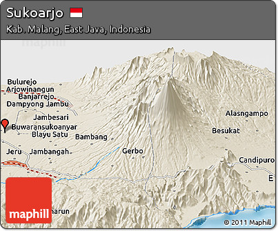Shaded Relief Panoramic Map of Sukoarjo