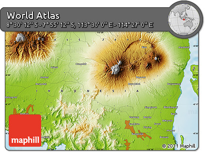 Physical Map of the Area around 8° 12' 42" S, 113° 58' 29" E