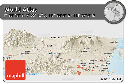 Shaded Relief Panoramic Map of the Area around 8° 12' 42" S, 113° 58' 29" E