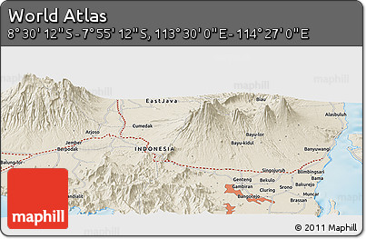 Shaded Relief Panoramic Map of the Area around 8° 12' 42" S, 113° 58' 29" E