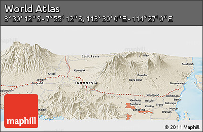 Shaded Relief Panoramic Map of the Area around 8° 12' 42" S, 113° 58' 29" E