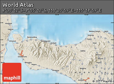 Shaded Relief Map of the Area around 8° 12' 42" S, 114° 49' 29" E
