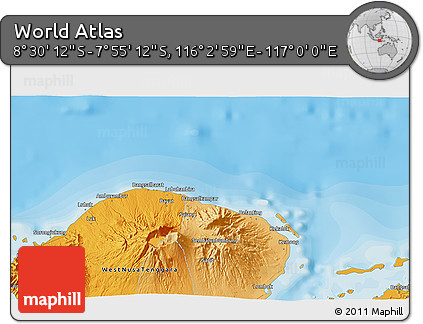 Political 3D Map of the Area around 8° 12' 42" S, 116° 31' 30" E