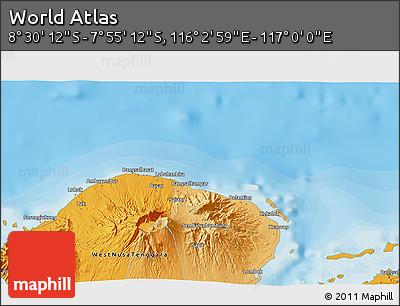 Political 3D Map of the Area around 8° 12' 42" S, 116° 31' 30" E