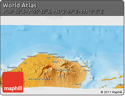 Political 3D Map of the Area around 8° 12' 42" S, 116° 31' 30" E