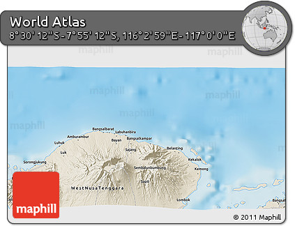 Shaded Relief 3D Map of the Area around 8° 12' 42" S, 116° 31' 30" E