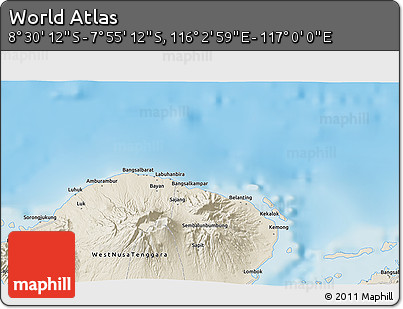 Shaded Relief 3D Map of the Area around 8° 12' 42" S, 116° 31' 30" E