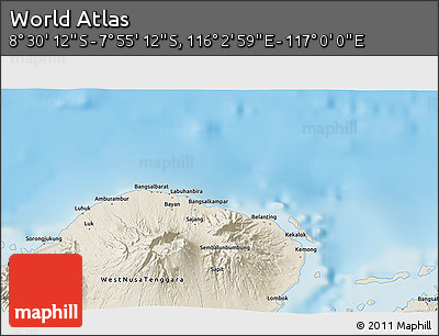 Shaded Relief 3D Map of the Area around 8° 12' 42" S, 116° 31' 30" E