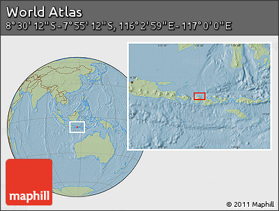 Savanna Style Location Map of the Area around 8° 12' 42" S, 116° 31' 30" E, hill shading