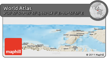 Shaded Relief Panoramic Map of the Area around 8° 12' 42" S, 117° 22' 30" E