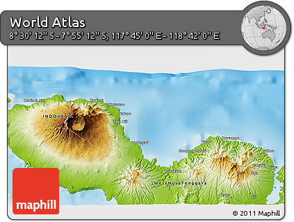 Physical 3D Map of the Area around 8° 12' 42" S, 118° 13' 29" E