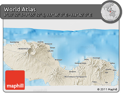 Shaded Relief 3D Map of the Area around 8° 12' 42" S, 118° 13' 29" E