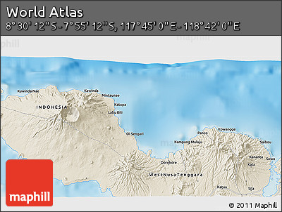 Shaded Relief 3D Map of the Area around 8° 12' 42" S, 118° 13' 29" E