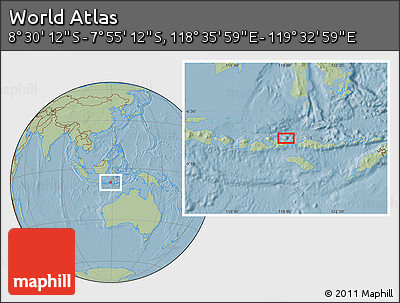 Savanna Style Location Map of the Area around 8° 12' 42" S, 119° 4' 29" E, hill shading