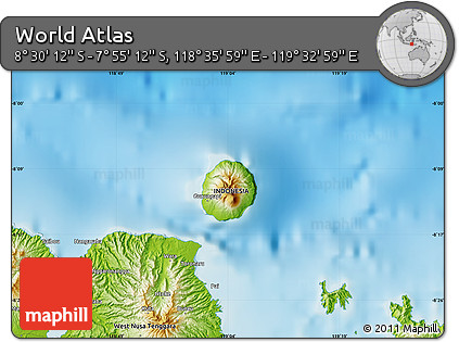 Physical Map of the Area around 8° 12' 42" S, 119° 4' 29" E
