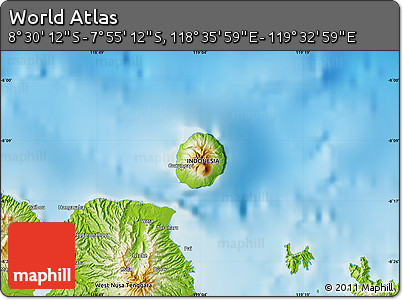 Physical Map of the Area around 8° 12' 42" S, 119° 4' 29" E